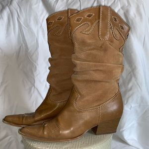 Suede pointed toe cowgirl boots tan new heels 6.5